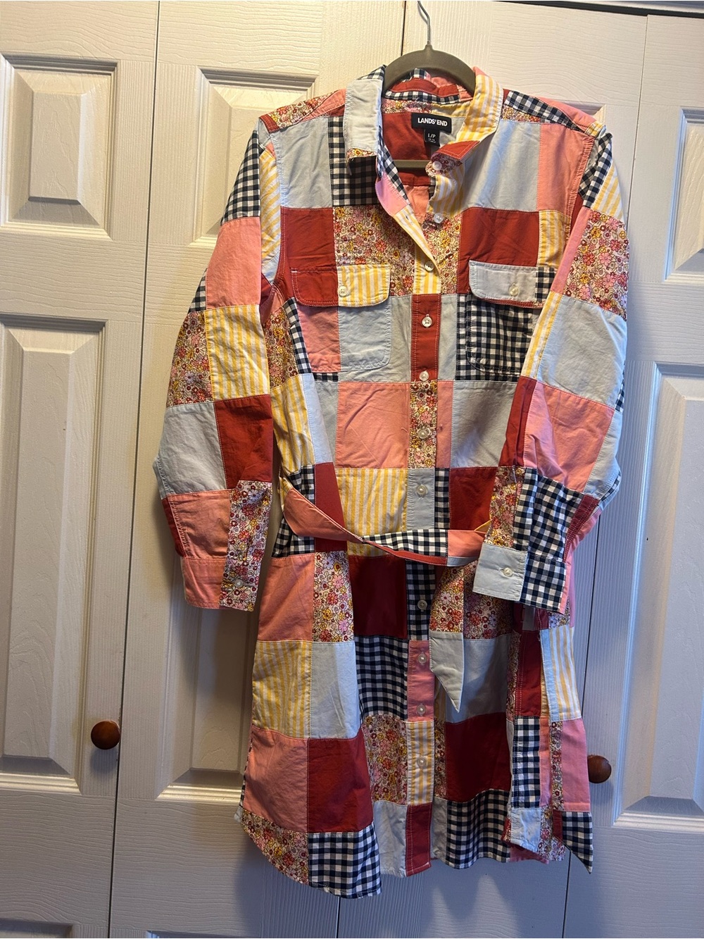 Lands' End Multicolor Patchwork Trench Coat - Red, Pink, Yellow, Black, White